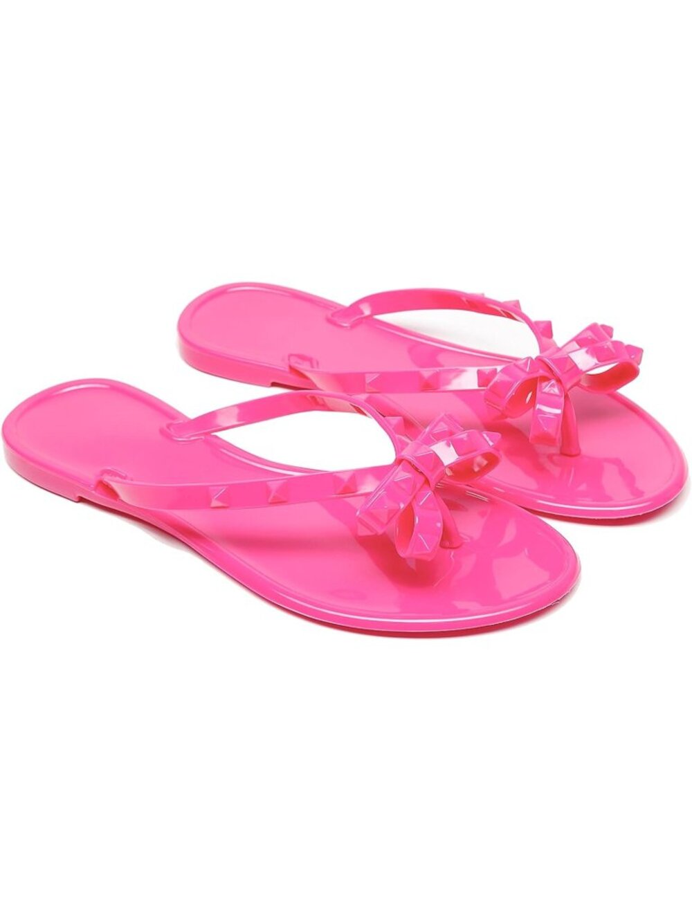 Women Hot Pink Thong Open Toe Jelly Bow Stud Slip On Studded Flat Sandal Shoes